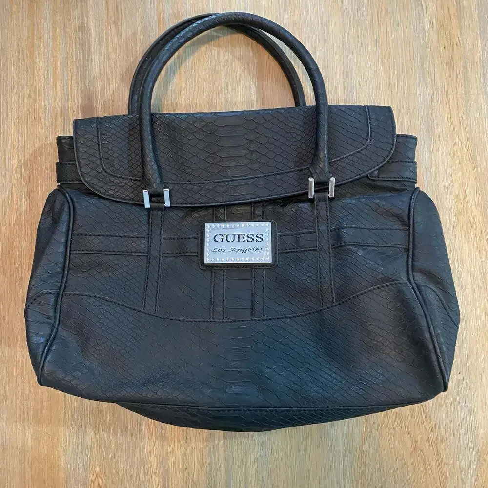 Guess Los Angeles Black Faux Python Embossed Satchel Handbag Y2K